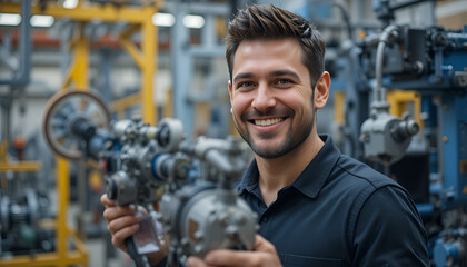 Confident engineer smiling with industrial equipment in factory setting