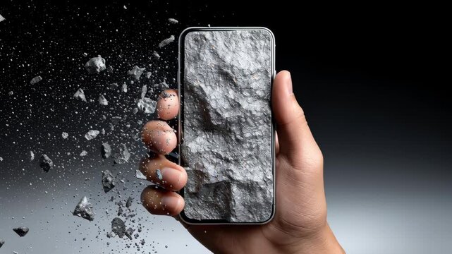 Hand holding smartphone with rocky texture emerging from screen, showcasing a dynamic visual effect of fragmentation and motion, set against a dark gradient background