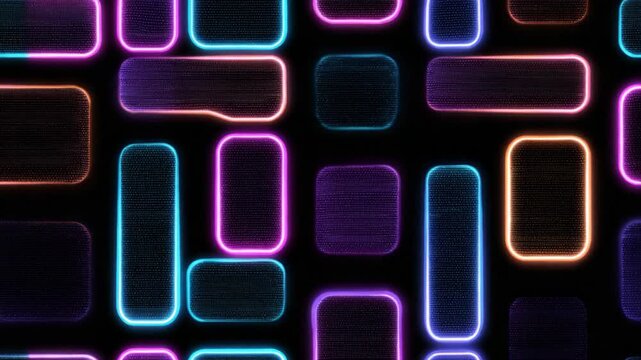 An abstract background featuring complex blue pink neon light structures combined with sharp geometric shapes on a deep black dark background. Intersecting lines, glowing edges, futuristic 