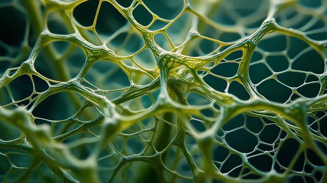 A close-up view of a green, web-like structure with intricate patterns and interconnected nodes on a dark background