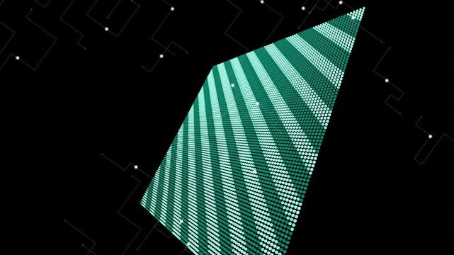 A green striped parallelogram rotates in space with particles and stars around it in a futuristic environment from a dynamic viewpoint