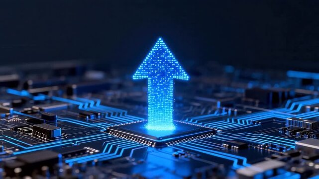 Blue glowing arrow on circuit board