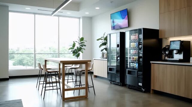 Modern Office Break Room with Vending Machines.