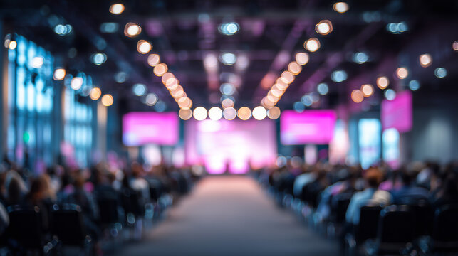 Ai blurred pink and purple background of a conference hall with people seating on their seats