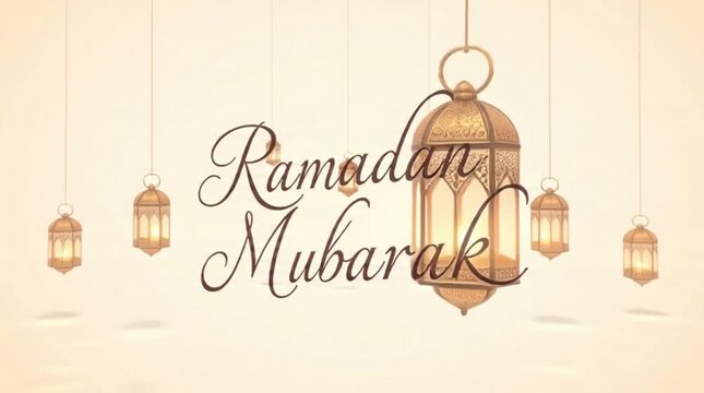 Digital illustration of hanging lanterns with 'Ramadan Mubarak' text on a soft peach background, conveying a peaceful and festive mood with warm lighting and elegant script.