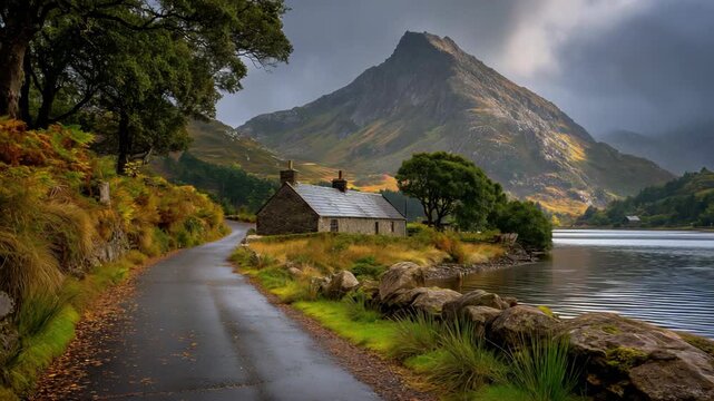 A small rural countryside cottage sits quietly by the roadside, surrounded by a scenic mountain range and a gently flowing river.