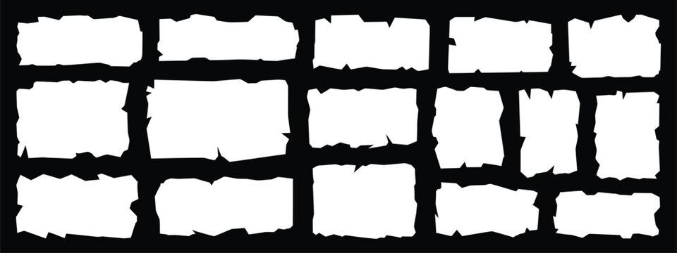 Ripped torn paper border frame set featuring rough jagged edges isolated on black background grunge collage style vector illustration