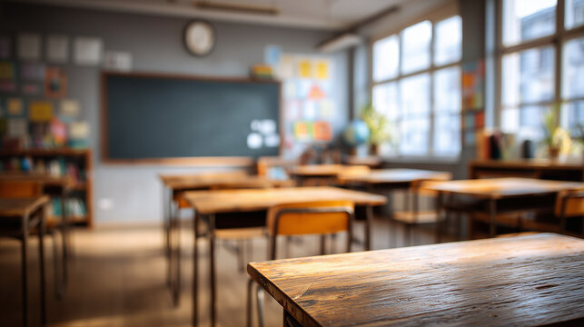 Ai classroom with empty desks and a blackboard during daylight in a school setting
