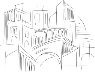 Minimalist pen and ink of an urban architectural landscape architecture buildings