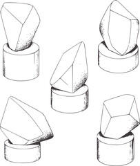 Minimalist pencil of five geometric shapes cylindrical bases triangles polyhedrons