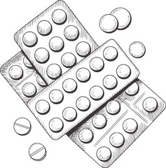 Pen and ink of blister packs and loose pills medication