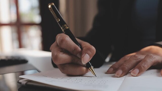 Elearning. Close up of smiling young female remote student watch training lecture on laptop pc take notes at paper workbook by hand. Millennial lady get distant education write thesis of online lesson