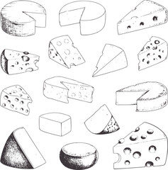 Pencil of various cheese types and wheels wedges holes