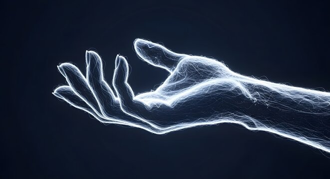 Wireframe abstract technology. Close up of a digital hand made of glowing lines on a dark background, representing technology and connection. AI Generated