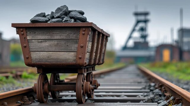 Wooden coal cart loaded with black coal moves along railway tracks in an industrial setting, with a mine shaft structure visible in the background, showcasing the transportation of mined materials