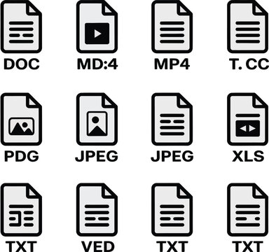 Collection of digital document file format icons, including text, image, and video extensions