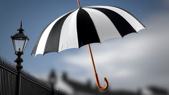 Black and white striped umbrella suspended in mid-air near a vintage street lamp and wrought iron fence against a blurred urban background with soft lighting and clear sky