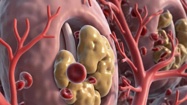 Microscopic view of breast tissue with calcifications and blood vessels