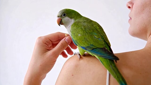 Green parrot perched on shoulder