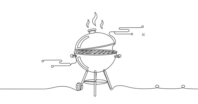Minimalist line art of barbecue grill with smoke and cooking elements. No editable strokes