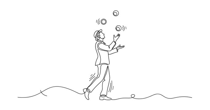Young caucasian male juggler balancing balls in line art illustration. No editable strokes