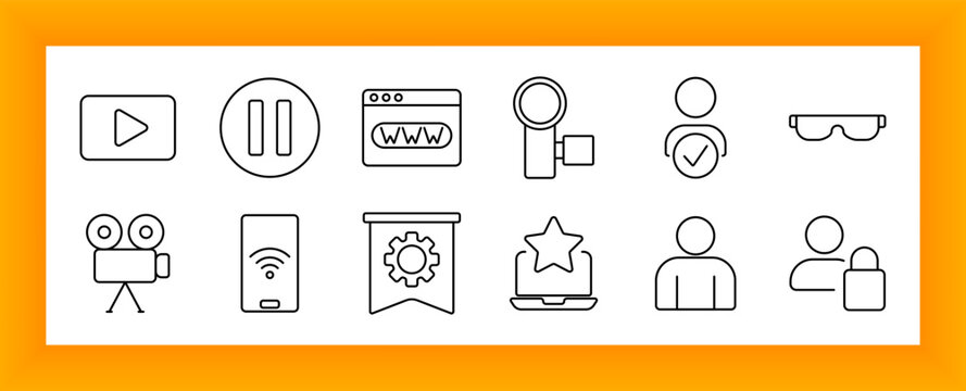 User identity and media set icon. Play, pause, camera, web URL, verified user, glasses, banner gear, mobile signal, laptop star, and lock user profile drawn in line style.