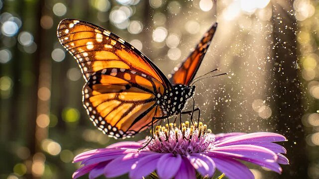 Monarch Butterfly Perched on Purple Flower in Golden Sunlight