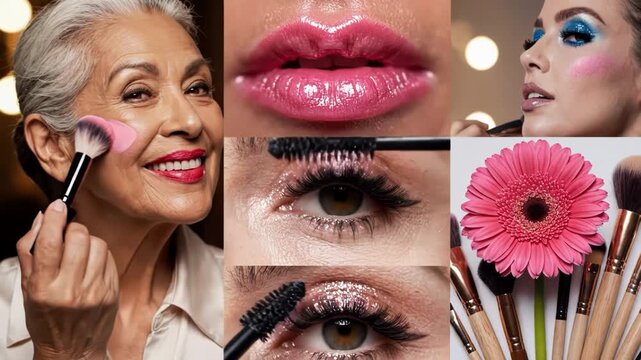 Collage of beauty and makeup elements featuring an older woman applying lipstick, closeup lips, application of blush, blue eyeshadow, makeup palette, and flower with brushes