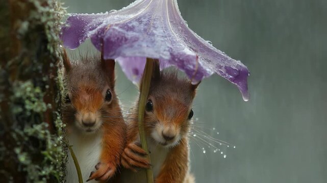 Two cute squirrels huddle closely together under the same purple flower petal during a gentle rainfall. Raindrops fall softly around them while the flower petal acts like a tiny umbrella
