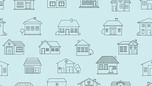 Continuous seamless pattern featuring various simple line art house designs on a light blue background for real estate themes.