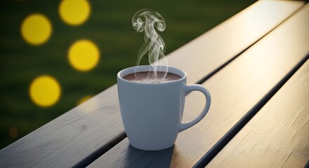 Aromatic Steaming Mug on Wooden Table in Warm Light with Bokeh Spheres Background