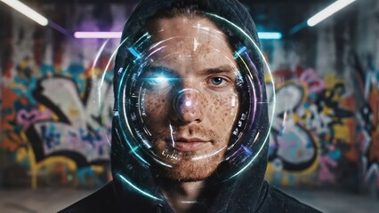 Male figure with freckles wearing a black hoodie stands against a colorful graffiti wall, displaying a digital key graphic overlay on his face in a modern urban setting