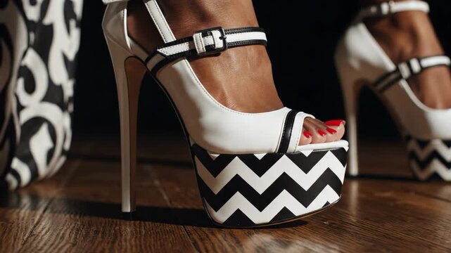 Closeup of a womans foot wearing a white and black chevron platform high heel shoe with red painted toenails on a wood floor