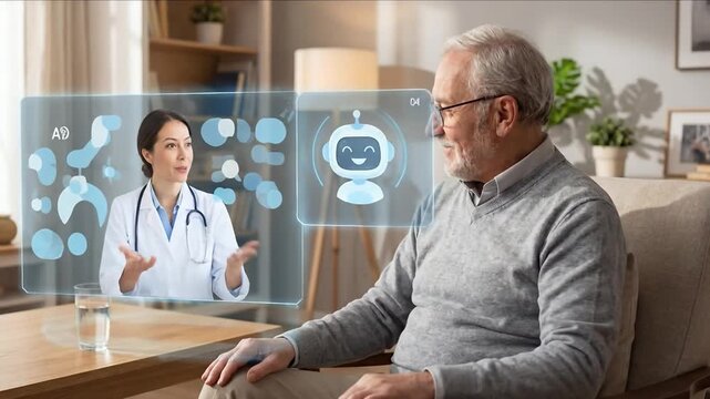 Senior man at home interacting with a holographic interface during a remote medical consultation. High quality 4k footage
