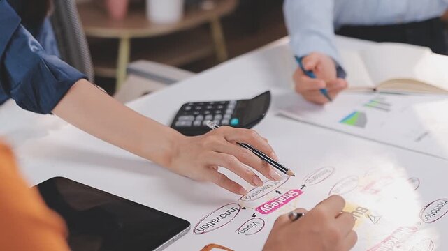 Teamwork, meeting and ideas for solution or decision for business, workplace or company. Group, people and discussion with technology in planning, collaboration for growth in brainstorming or project