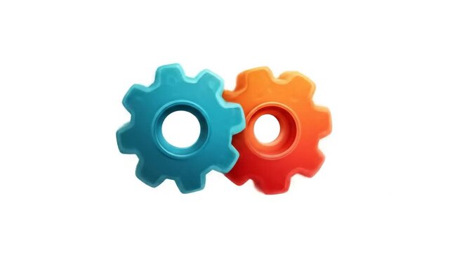 Two interlocking plastic toy gears, one blue and one orange, on a white background
