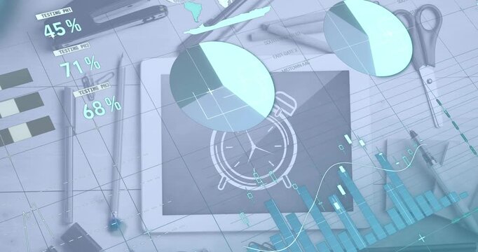 Animation of infographic interface over digital pc with alarm drawing and stationery on table