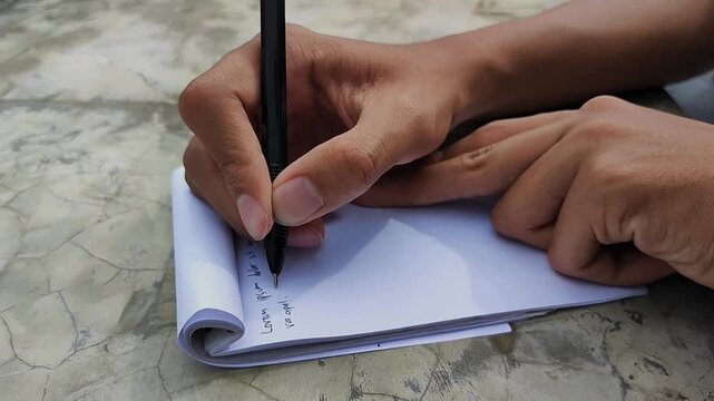 Someone writes and makes a short note in a book with that blank page.