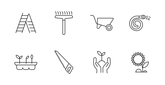 Gardening set icon. Ladder, rake, hose, saw, sprout, hands, plant, cart, watering, flower, equipment, outdoor, farming, growth
