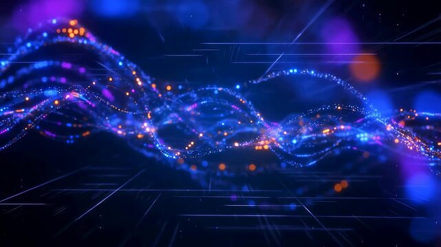 Abstract glowing wave of colorful lights in a digital space. Represents technology, innovation, and the flow of information in a modern world