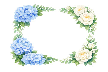 Fototapeta premium Watercolor floral frame with blue hydrangeas and white roses, elegant botanical border, transparent background for wedding invitation design