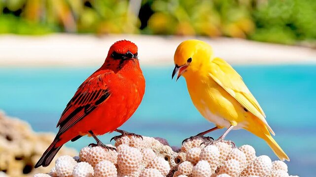 Red and Yellow Tropical Birds Facing Each Other on Coral. Close-up wildlife image of two colorful tropical birds, one red and one yellow, perched on coral while facing each other
