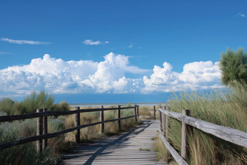 Fototapeta premium Wooden walkway to the beach with blue sky and white clouds