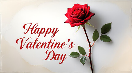 A vibrant, full-bloom red rose with a long stem and green leaves lies diagonally on a mottled white background, with the phrase &ldquo;Happy Valentine&rsquo;s Day&rdquo;, HD and 4k image