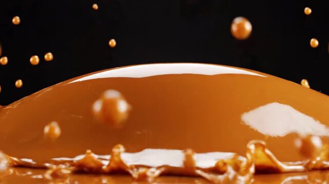 4K slow-motion cinematic shot caramel explosion against black background. 