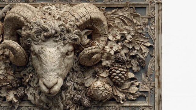 Stone ram sculpture detailed carving depicting an animal head and floral elements