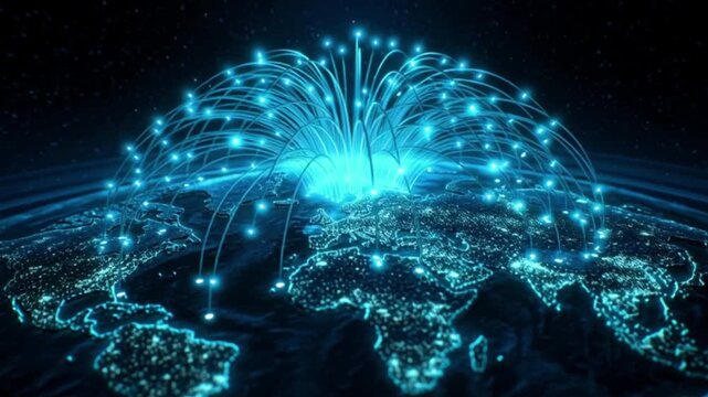 Digital Cube Projecting Optic Lines Over a Global Network with Geometric Patterns and Futuristic Appearance in a 3D Universe