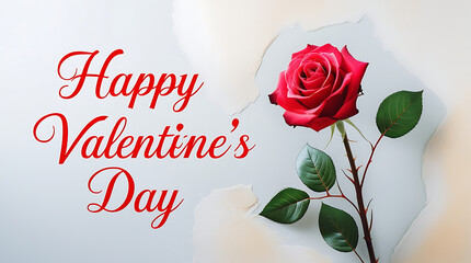 A close-up red rose on a light blue/beige background with &ldquo;Happy Valentine&rsquo;s Day&rdquo; in red cursive on the left, 32K Resolution