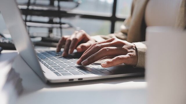 Closeup of the hands of a receptionist typing and sending emails while working in an office alone. One secretary doing admin and writing reports while organizing a schedule for her manager at work