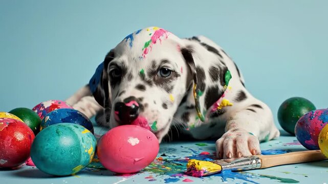Cute dalmatian puppy covered in colorful paint sitting with dyed easter eggs and a paintbrush on a light blue background